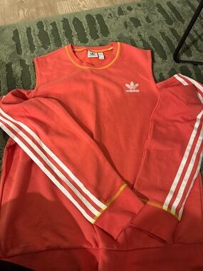 adidas Coral Crewneck Sweatshirt with White Stripes and Yellow Trim